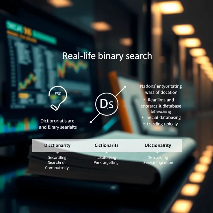 Diagram showing real-world examples like searching in dictionaries and digital databases using binary search logic