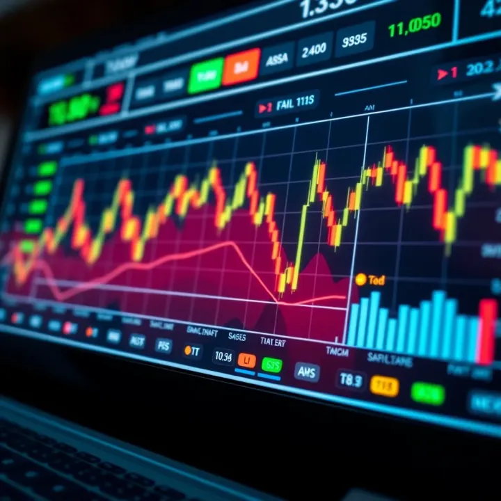 A digital interface showing a graph with stock market trends and trading options
