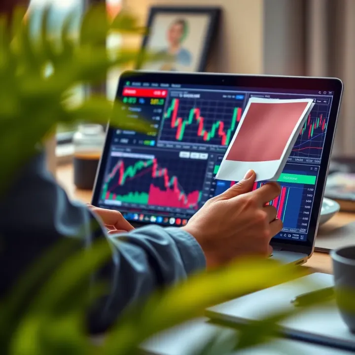 An illustration of a person analyzing stock charts on a laptop, symbolizing strategy testing and skill building