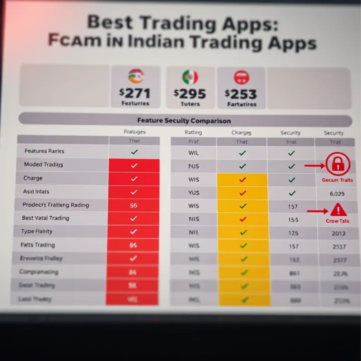 Comparison chart showing features, charges, and security ratings of popular Indian trading applications