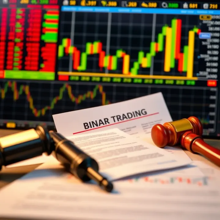 Illustration showing legal documents and financial charts representing binary trading regulations in India