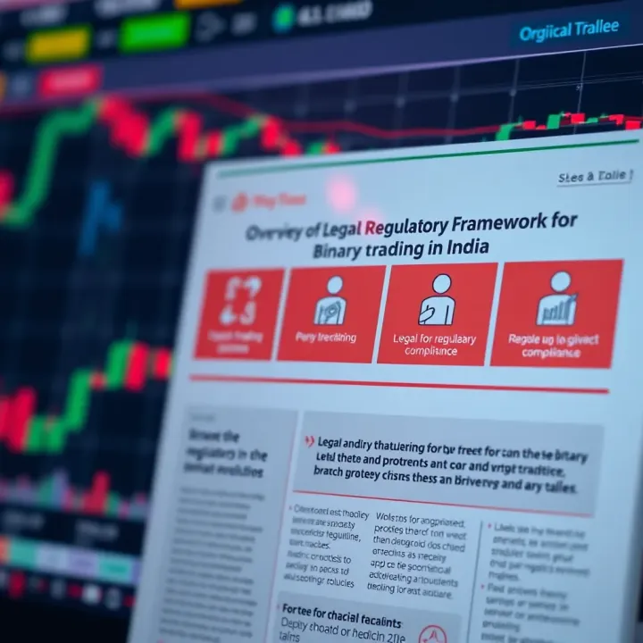 Graphic highlighting key legal and regulatory aspects for binary trading in India with symbols representing rules and compliance