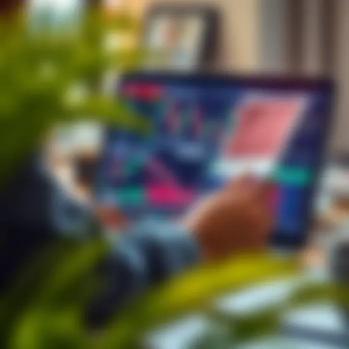 Analyzing Stock Charts for Strategy Development An illustration of a person analyzing stock charts on a laptop, symbolizing strategy testing and skill building