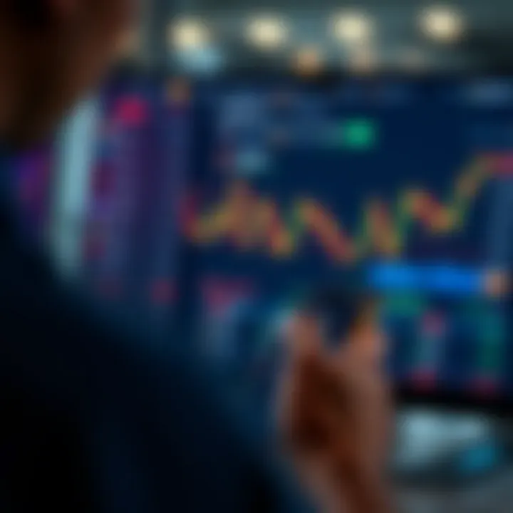 Cryptocurrency Trading App Interface with Real-Time Market Data User interacting with a mobile app showing cryptocurrency trading charts and options on screen