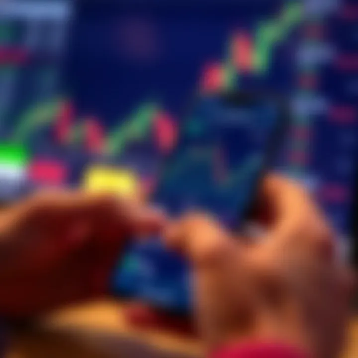 Mobile phone showing a stock trading simulation app interface with candlestick charts and stock prices
