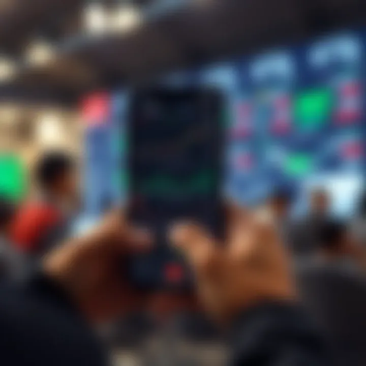 Smartphone displaying various online trading app interfaces with charts and stock data