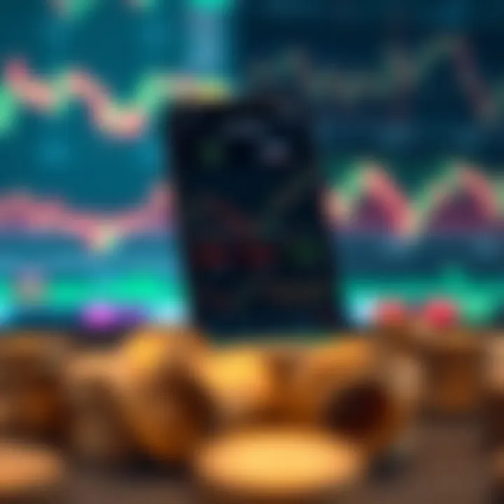 Mobile phone displaying various online trading charts and market trends