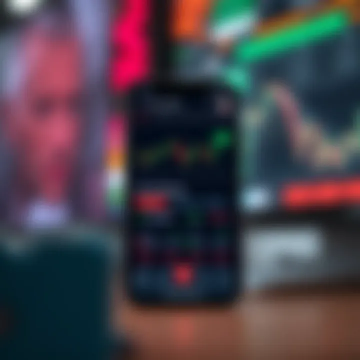 Mobile phone displaying a user interface of an online shares trading application with charts and stock options