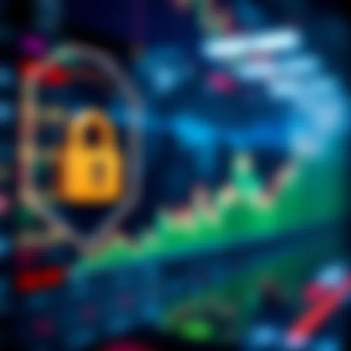 Visual representation of secure online transactions with digital locks and graphs indicating market trends