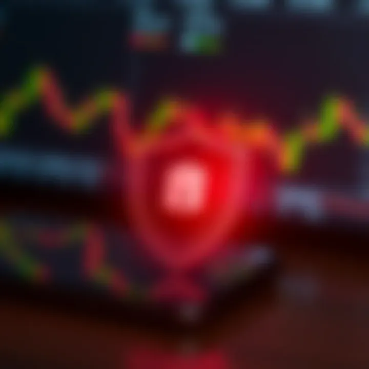 Secure digital shield symbol overlaid on a smartphone featuring stock market graphs representing data protection