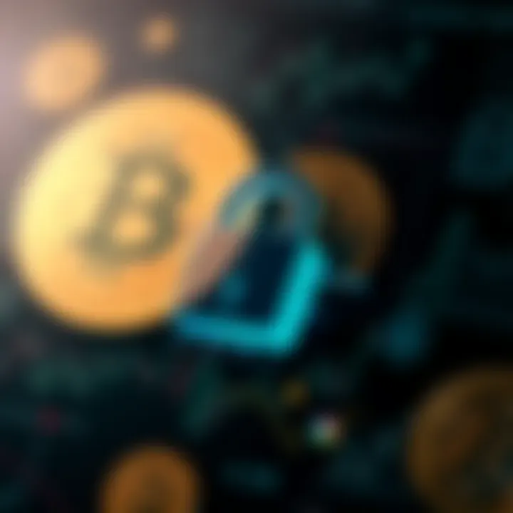 Secure digital lock icon overlaid on a background of cryptocurrency symbols representing app security