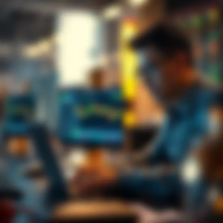 Illustration of a trader using a laptop to simulate trades on a free online platform