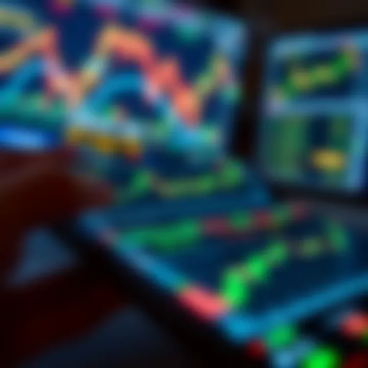 Mobile device screen showing various financial charts and graphs representing online trading activities