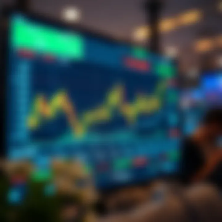 Graph displaying simulated stock market performance on digital screen with trading data