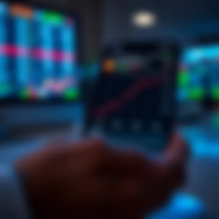 Graph showing declining brokerage fees and increasing trading efficiency on a smartphone interface