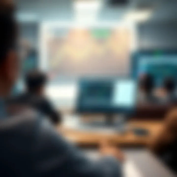 Illustration showing a digital classroom environment with a laptop displaying options trading charts and an online course interface