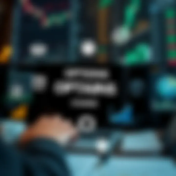 Conceptual graphic depicting key topics in options trading such as risk management, strategies, and market analysis with icons and charts