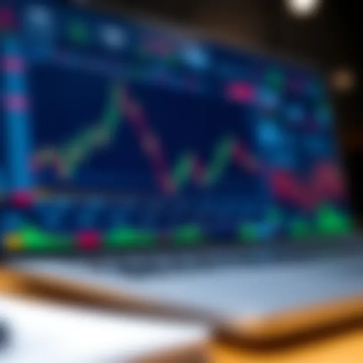 Graph showing simulated stock market trends and trading activity on a digital interface