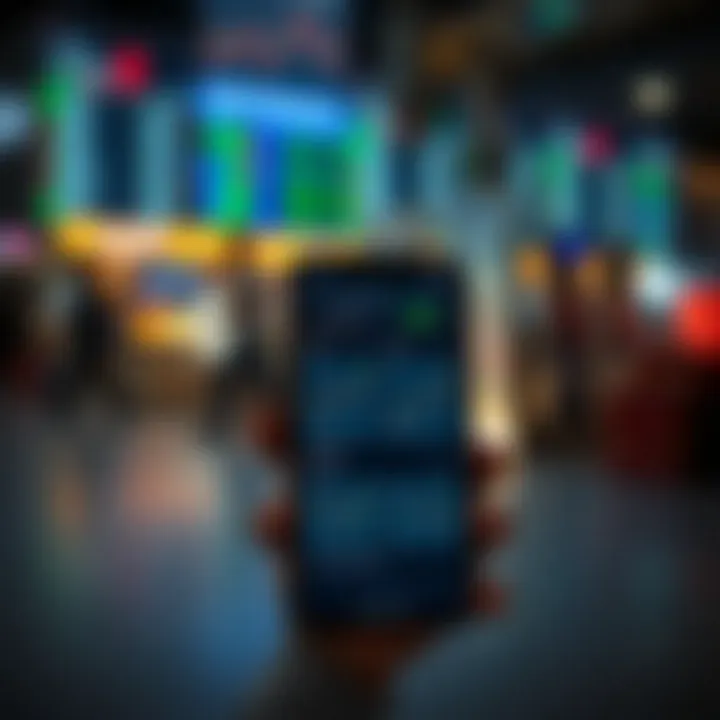 Smartphone displaying various trading app interfaces highlighting features and market charts