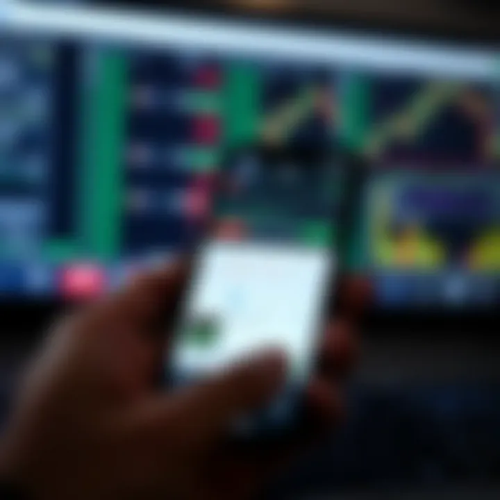 Mobile phone displaying trading app interface with charts and stock prices