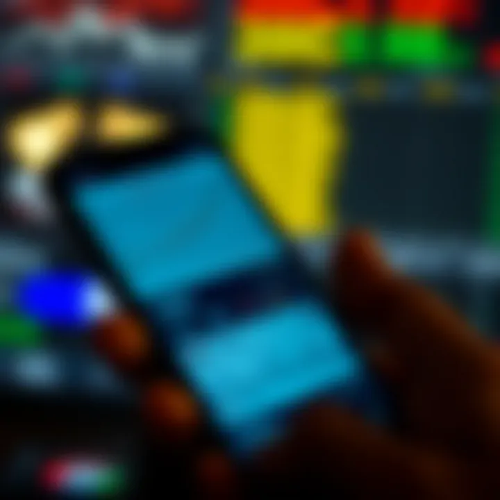 Illustration of a smartphone showcasing app interface with graphs, pricing details, and customer support chat options