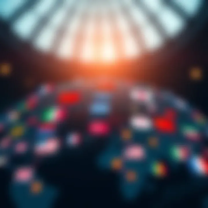 Illustration of global currency exchange with various international flags and currency symbols interconnected