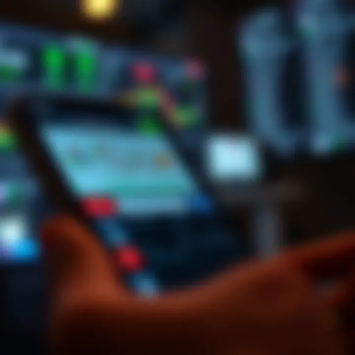 Mobile device displaying live trading app interface with real-time market charts and trading options