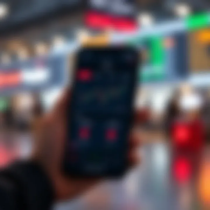 Mobile phone displaying a user interface of a low deposit trading application with charts and investment options