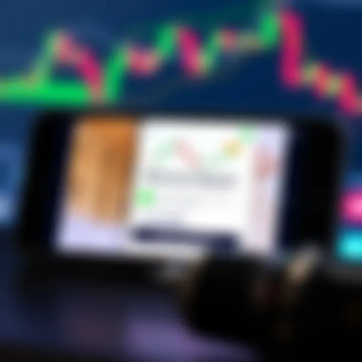 Mobile device displaying a trading app interface with charts and a minimum deposit notification