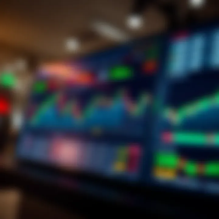 Digital interface showing a virtual stock market dashboard with charts and graphs