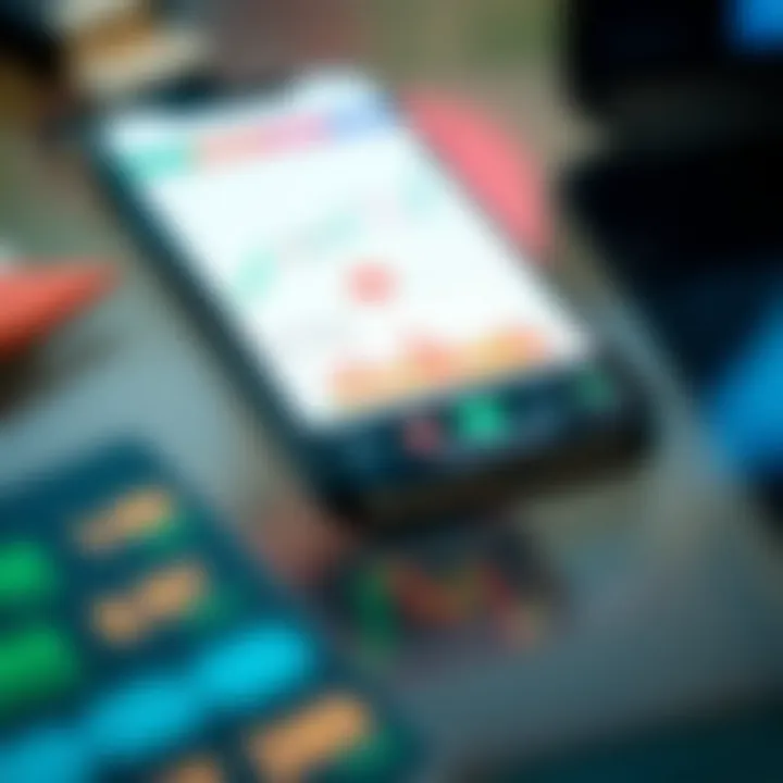 Mobile phone displaying a colorful stock trading app interface with charts and real-time data