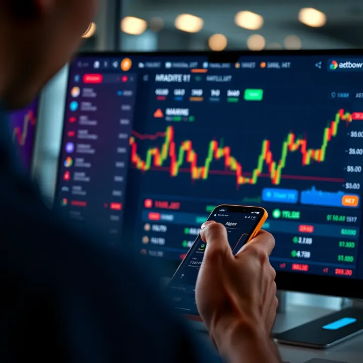 Cryptocurrency Trading App Interface with Real-Time Market Data User interacting with a mobile app showing cryptocurrency trading charts and options on screen