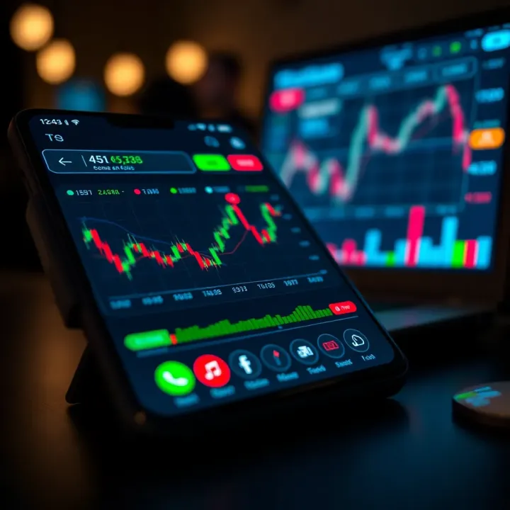 Mobile device displaying trading charts and financial data with icons representing secure transactions and user interface elements