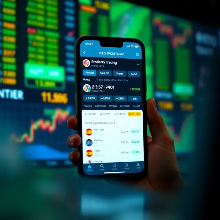 Mobile app interface showing zero brokerage trading options and market data
