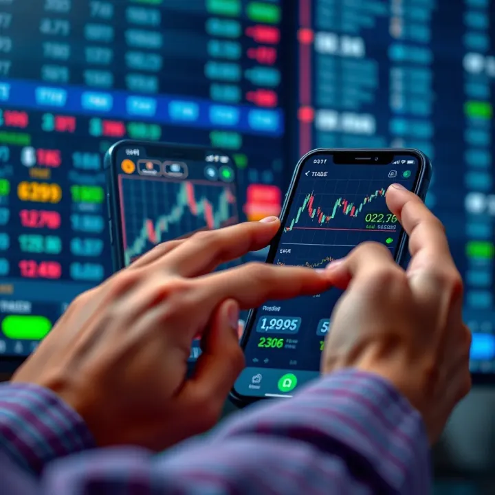 User navigating a mobile trading application interface with charts and stock prices