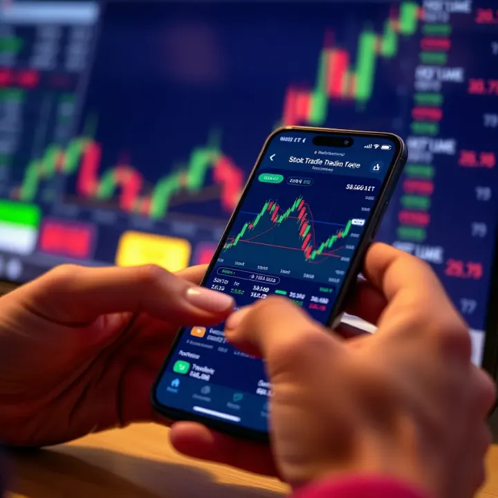 Stock Trading Simulation on Mobile App Mobile phone showing a stock trading simulation app interface with candlestick charts and stock prices
