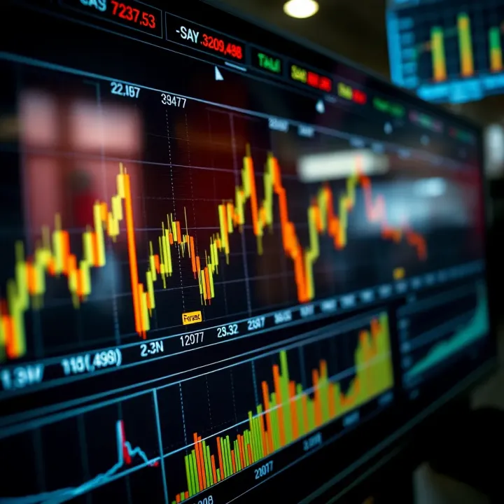 Digital screen displaying forex trading charts and currency exchange rates