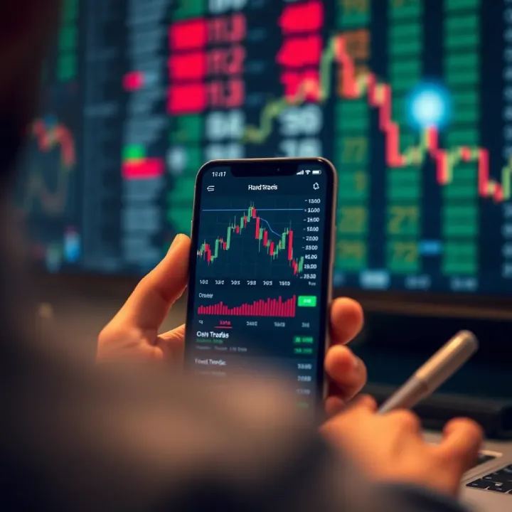 A smartphone displaying a free stock trading application interface with charts and stock prices