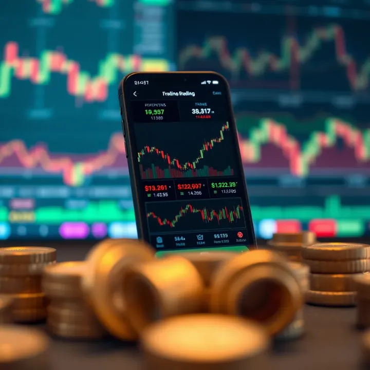 Mobile phone displaying various online trading charts and market trends