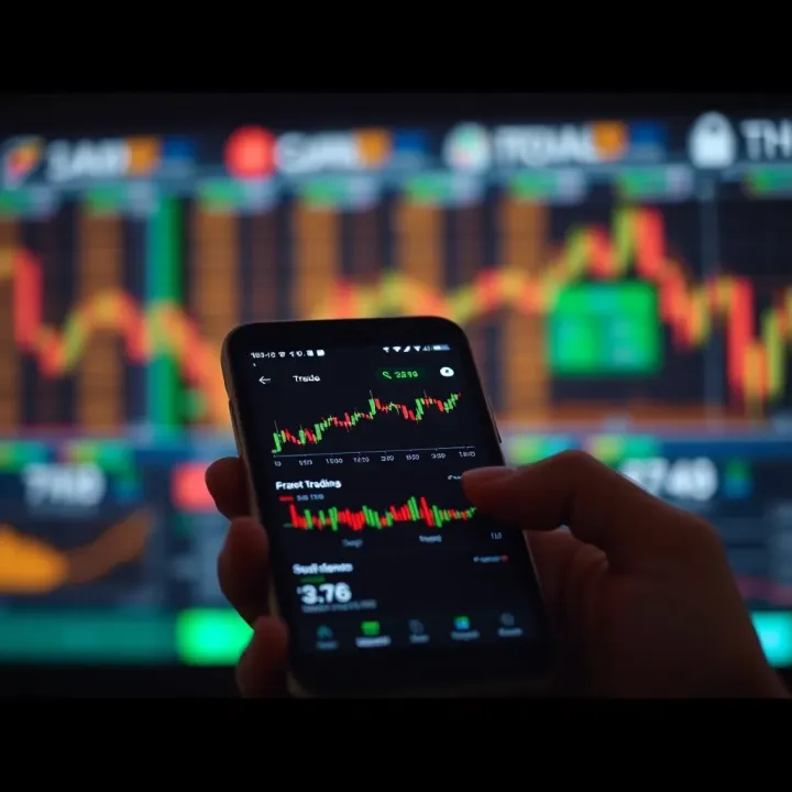 Smartphone displaying a secure trading app interface with graphs and market trends