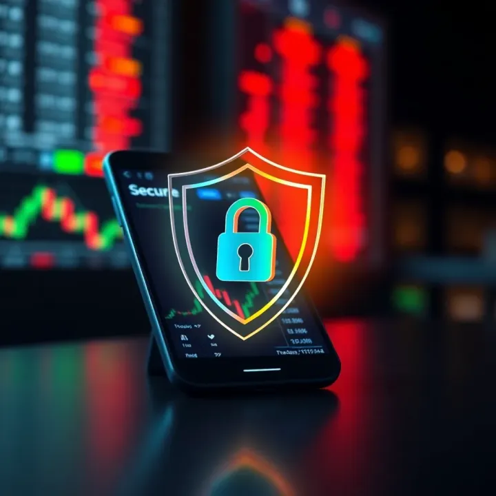 Security Features of Trading Platforms Secure shield icon overlay on a smartphone displaying a trading platform interface