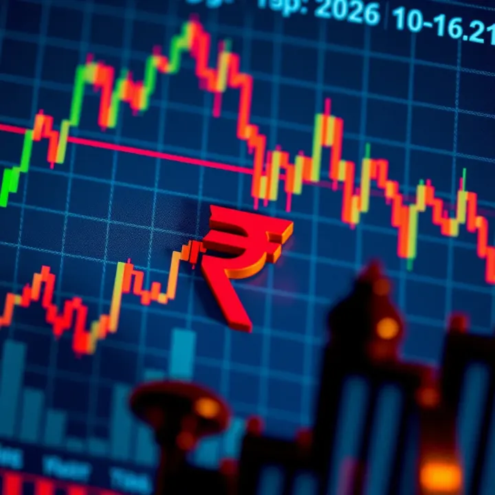 Forex Market Movements with Indian Rupee and Regulatory Considerations Graph indicating forex market fluctuations with Indian rupee symbol and regulatory icons