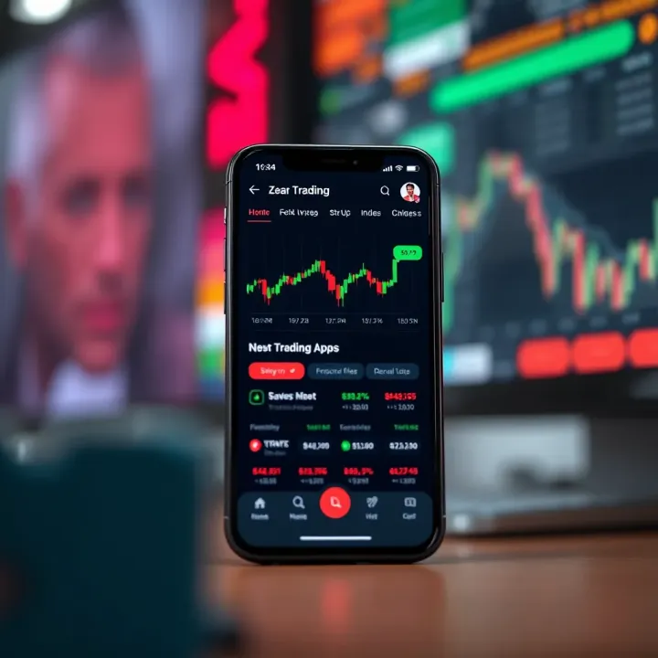 Mobile phone displaying a user interface of an online shares trading application with charts and stock options