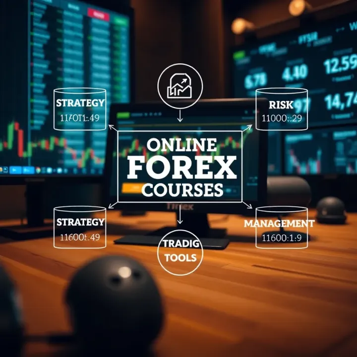 Key Components of Online Forex Trading Courses Conceptual graphic showing key elements of online forex course including strategy, risk management, and trading tools