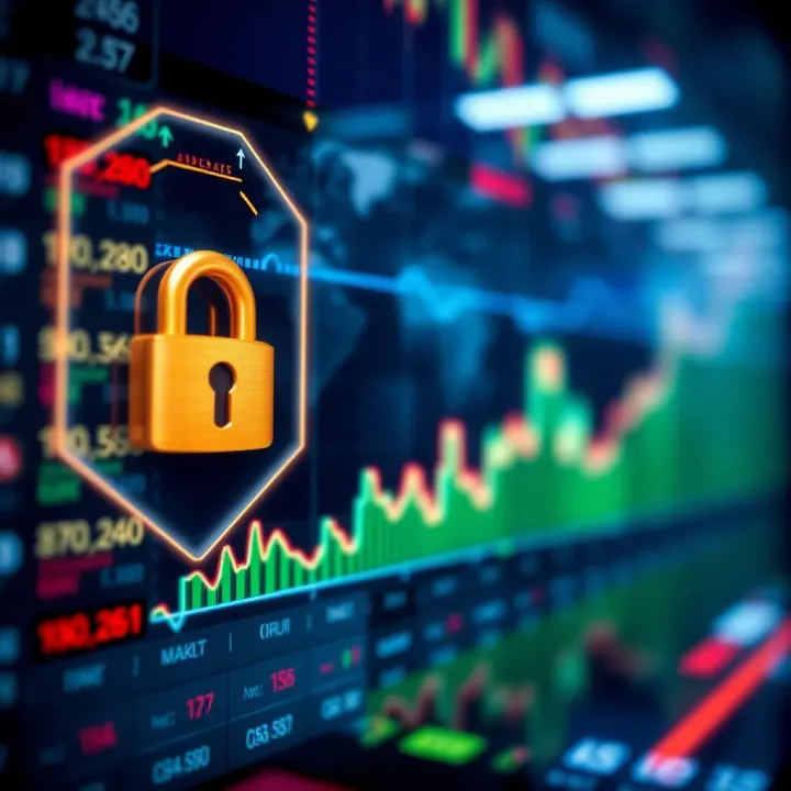 Security Features and Market Trends in Digital Trading Visual representation of secure online transactions with digital locks and graphs indicating market trends