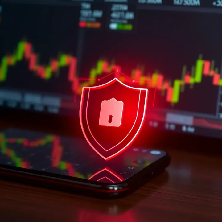 Security Features in Online Trading Apps for Indian Investors Secure digital shield symbol overlaid on a smartphone featuring stock market graphs representing data protection