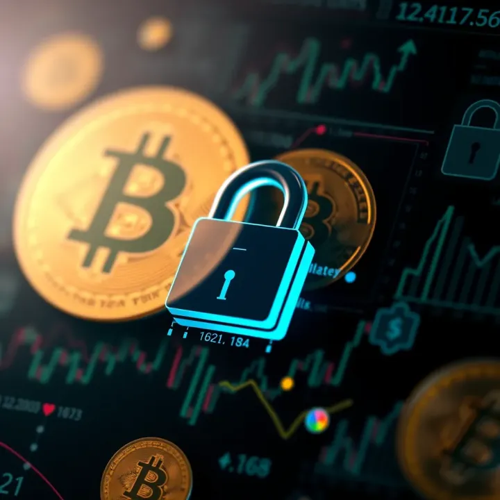 Secure digital lock icon overlaid on a background of cryptocurrency symbols representing app security