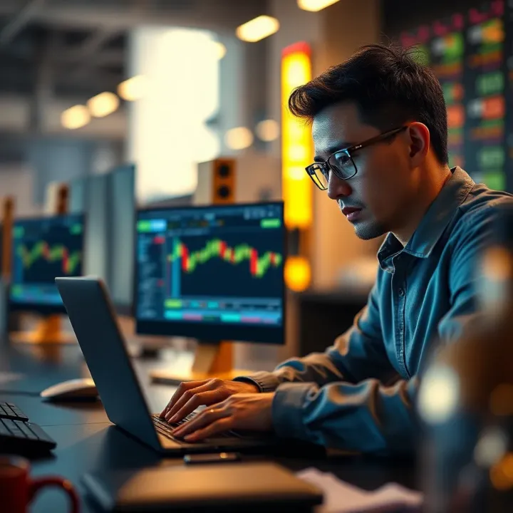 Simulated Trading Experience on Online Platform Illustration of a trader using a laptop to simulate trades on a free online platform