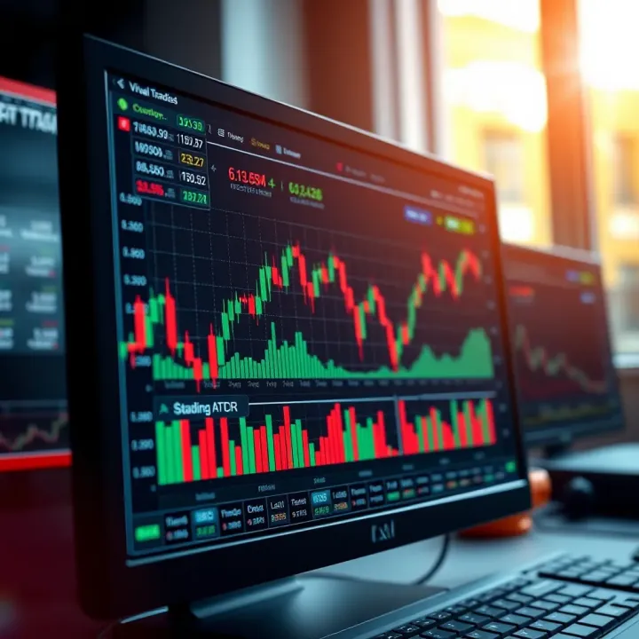 Graph showing stock market data with virtual trading interface on computer screen