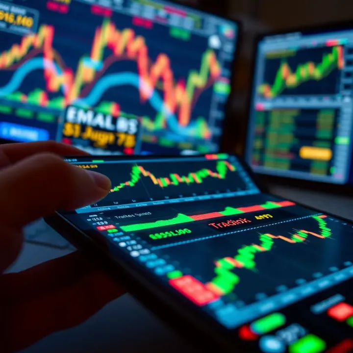 Mobile device screen showing various financial charts and graphs representing online trading activities